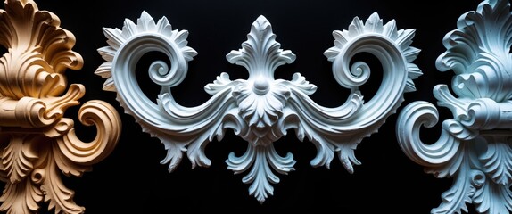 Aufkleber - Decorative white plaster moldings with intricate designs on a black background displaying a range of colors and textures Copy Space