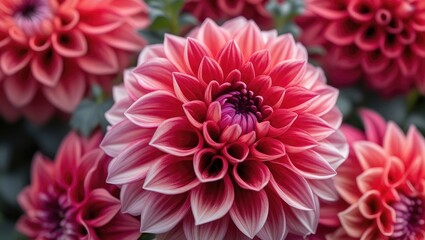Poster - Close-up of vibrant pink dahlia flower with intricate petal arrangements and soft blurred background of additional blooming dahlias Copy Space