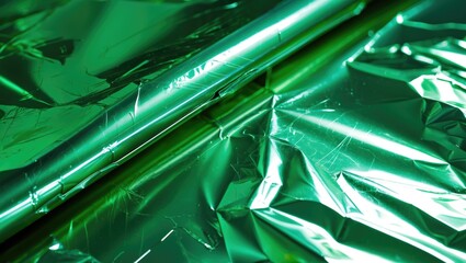 Poster - Shiny green metallic foil with crinkled texture reflecting light for background use Copy Space