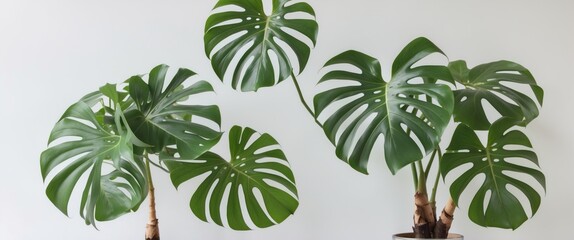 Poster - Monstera plants with large green leaves in pots on a plain background showcasing tropical foliage and interior decor elements Copy Space