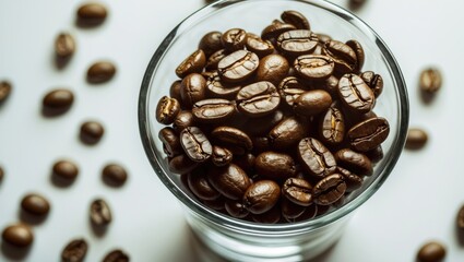 Poster - Coffee beans in a glass container with scattered beans on a white background showcasing texture and color with Copy Space