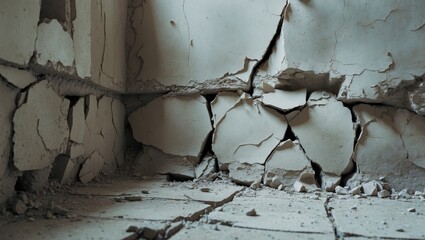 Poster - Cracked and peeling walls in an abandoned room with visible dust and debris on the floor showcasing signs of neglect and decay Copy Space