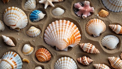 Aufkleber - Colorful collection of various seashells arranged on sandy beach surface with shallow depth of field Copy Space