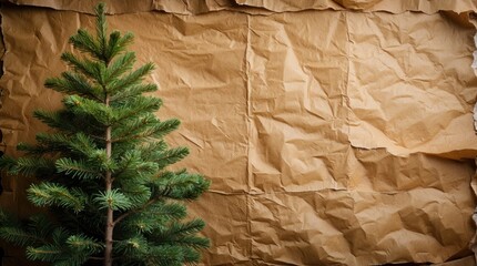 Aufkleber - Small evergreen tree in front of crumpled brown paper texture background with ample copy space for text placement