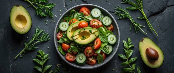 Aufkleber - Fresh green salad with avocado slices, cherry tomatoes and cucumber on dark stone background with herbs and copy space