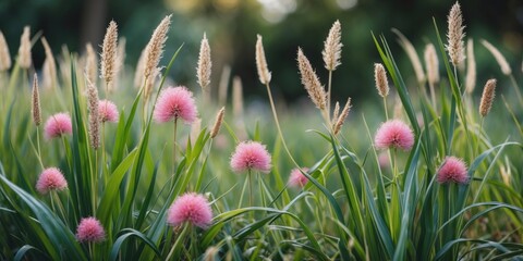 Poster - Flowering grass with fluffy pink blooms and tall golden grass against a blurred green background natural setting Copy Space