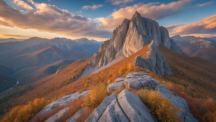 Poster - Majestic mountain landscape during autumn showcasing vibrant foliage and rocky formations under a cloudy sky with soft sunlight Copy Space
