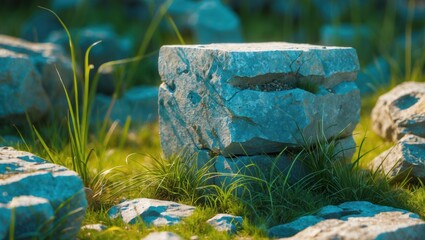 Poster - Rock formation surrounded by grass and stones with natural lighting and greenery in the background copy space