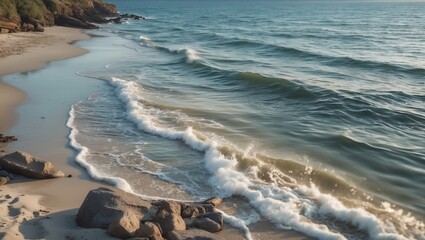 Aufkleber - Tranquil beach scene with gentle waves lapping at the shore and rocky formations under soft sunlight Copy Space