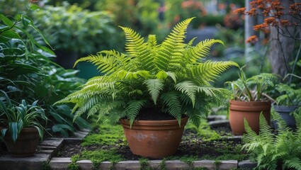 Wall Mural - Lush green fern plant in a terracotta pot surrounded by vibrant garden flora with rich foliage and soft natural lighting Copy Space