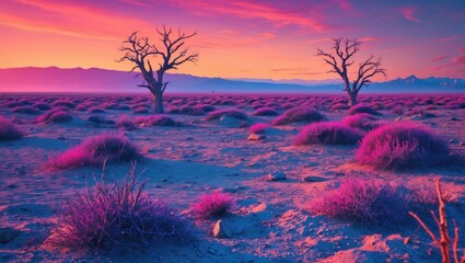 Poster - Vibrant desert landscape with purple vegetation and silhouetted trees under a colorful sunset sky featuring dramatic clouds and mountains in background