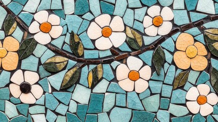 Poster - Colorful Mosaic of Flowers and Leaves with Blue Background in Artistic Detail