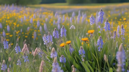 Poster - colorful wildflower field with blue and yellow blooms under soft natural light copy space