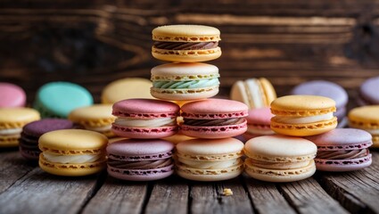 Poster - Assorted colorful macaron cookies stacked on wooden surface with rustic background Copy Space