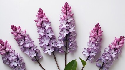 Aufkleber - Purple lilac flowers arranged on a white background with green leaves and ample Copy Space for text placement.