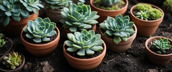 Poster - Variety of succulent plants in terracotta pots on soil background with natural light Copy Space