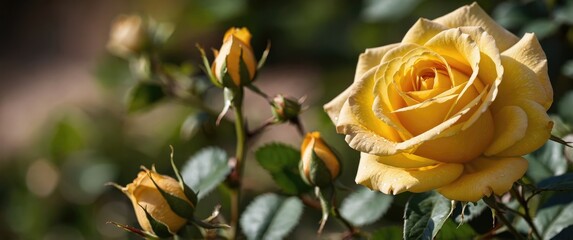Aufkleber - Yellow rose blossom with budding roses in soft focus background natural light floral photography Copy Space