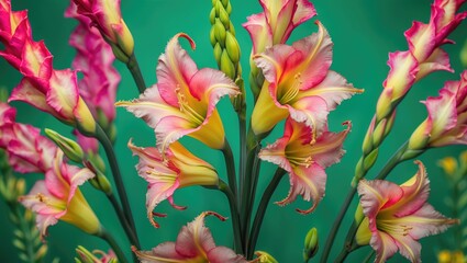 Poster - Colorful gladiolus flowers arrangement with vibrant pink and yellow petals on green background Copy Space