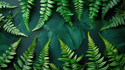Poster - Lush green tropical leaves and ferns arranged on a dark background providing natural texture and pattern with potential copy space