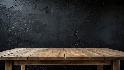 Poster - Wooden table on textured black wall background with ample space for text display