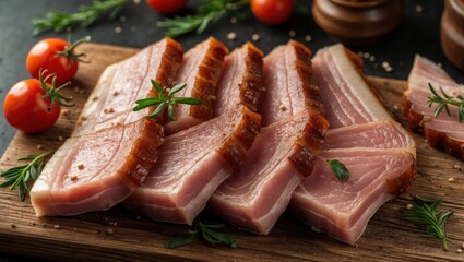 Aufkleber - Sliced smoked meat on wooden cutting board with fresh cherry tomatoes and herbs on dark background Copy Space