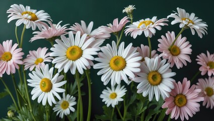 Aufkleber - Colorful bouquet of daisies featuring white and pink flowers against a green background with Copy Space for text.