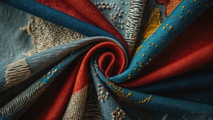 Poster - Colorful textile fabric with intricate embroidery patterns folded in a spiral arrangement showcasing rich textures and details Copy Space