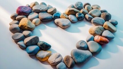 Aufkleber - Heart shape composed of various smooth pebbles on a light background with soft shadows suitable for background or decorative purposes Copy Space