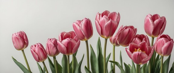 Poster - Pink tulips arranged in a cluster with green stems against a light gray background featuring some flowers in full bloom with copy space.