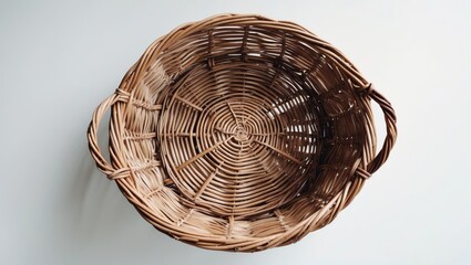 Poster - Woven wicker basket viewed from above on light background with copy space for text placement