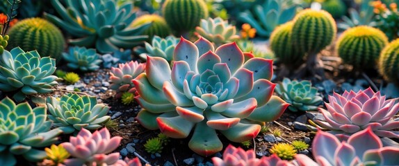 Poster - Colorful variety of succulents and cacti in a garden setting with vibrant details and textures Copy Space
