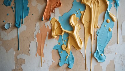 Aufkleber - Colorful paint drips and splatters on a textured wall surface with various shades of blue, yellow, and orange creating an abstract composition. Copy Space