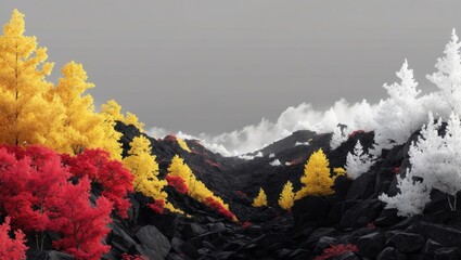 Poster - Colorful autumn landscape with trees in vibrant red, yellow, and white hues against a rocky terrain and cloudy sky Copy Space