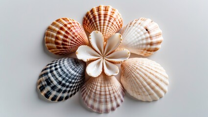 Poster - Colorful seashell arrangement flat lay on light background with copy space for text. Coastal theme natural marine elements display.
