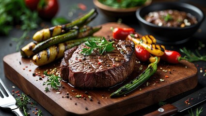 Aufkleber - Grilled steak served with assorted colorful vegetables on a wooden cutting board with herbs and spices on a dark background Copy Space