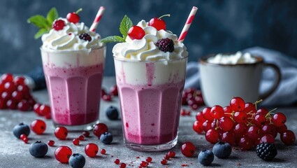 Poster - Refreshing berry smoothies topped with whipped cream and garnished with mint in glasses with ingredients scattered around, Copy Space