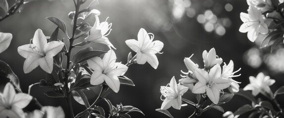 Aufkleber - Black and white close-up of blooming flowers with soft focus and natural light highlighting petals and leaves Copy Space
