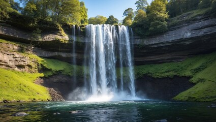 Canvas Print - Majestic waterfall cascading over a rocky cliff into a serene pool surrounded by lush greenery and blue sky with Copy Space