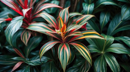 Aufkleber - Colorful tropical foliage with vibrant red, yellow, and green leaves on a dark green background ideal for nature themes Copy Space
