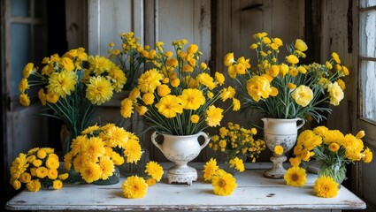 Aufkleber - Vibrant yellow flowers in various vases arranged on a rustic wooden table in a warm indoor setting with natural light and Copy Space