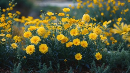 Aufkleber - Vibrant yellow flowers in full bloom surrounded by lush green foliage with blurred background and ample copy space