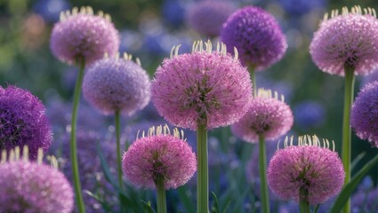 Poster - Vibrant allium flowers in varying shades of purple and pink with soft focus background and ample copy space for text placement.