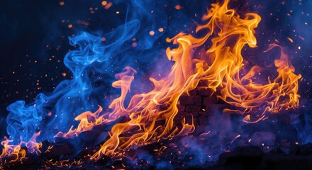 Aufkleber - Vivid flames in shades of blue and orange with smoke and embers against a dark background create a dramatic, dynamic scene Copy Space