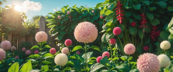 Poster - colorful flower garden with pink and white dahlias surrounded by green foliage and vibrant red flowe