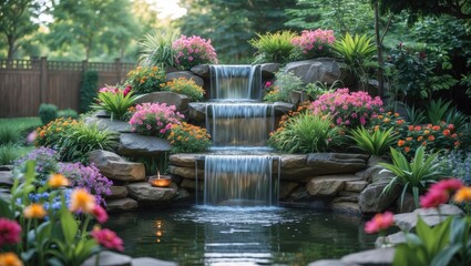Poster - Serene garden waterfall with blooming flowers and lush greenery capturing natural beauty and tranquility in a backyard setting Copy Space