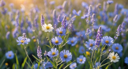 Aufkleber - Field of wildflowers in various shades of blue and white with sunlight creating a warm glow natural setting Copy Space