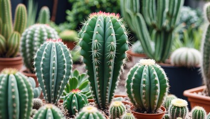 Poster - Cacti variety in pots with vibrant colors and textures in a greenhouse environment with natural light and blurred background Copy Space