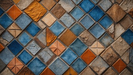 Aufkleber - Colorful mosaic tile wall featuring various shapes and textures in shades of blue, orange, and brown with Copy Space for text.