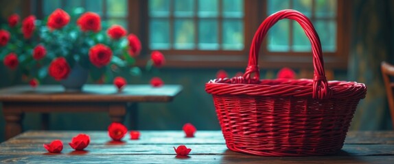 Aufkleber - Red wicker basket on wooden table with scattered flower petals and a background of blooming roses in a cozy indoor setting Copy Space