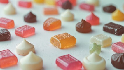 Poster - Assorted colorful candies and gummies arranged on a flat surface with shallow depth of field and bright background Copy Space
